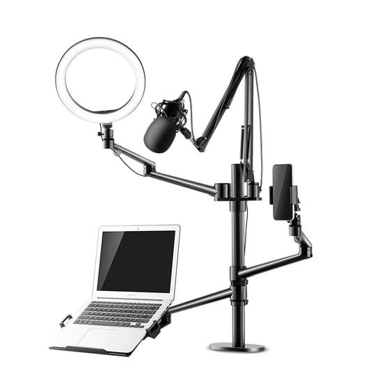 Desktop Live Stand Set 6-in-1 10" LED Ring Light Microphone Mount Compatible with 12-17" laptop/17-32'' monitor/7-13 Tablet/3.5-