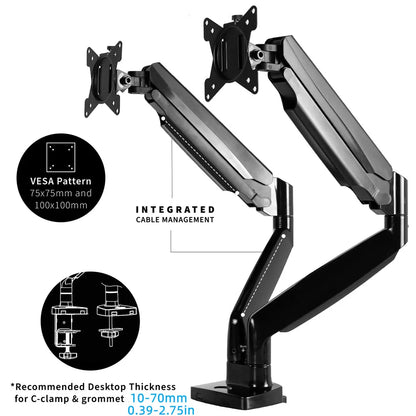 Full Motion Monitor Stand for 13-32 inches Screens, Dual Monitor Mount Gas Spring, Clamp/Grommet Base VESA 75x75/100x100mm