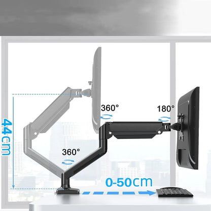 Full Motion Monitor Stand for 13-32 inches Screens, Dual Monitor Mount Gas Spring, Clamp/Grommet Base VESA 75x75/100x100mm