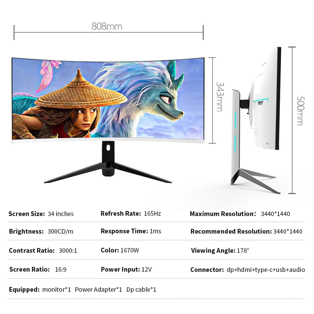 SENMAO 34 Inch  liftable Pc Gamer Monitor 165Hz 4K MVA Lcd Display HD Desktop Gaming Computer Screen HDMI 1500R Curved Screen