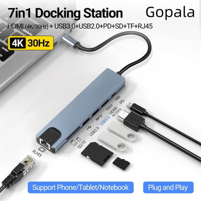 Gopala USB C Hub 7 in 1 with 4K HDMI Output, USB 3.0, USB-A, SD/TF Card Reader, 100W PD, RJ45 100M for MacBook Pro/Air, Dell XPS