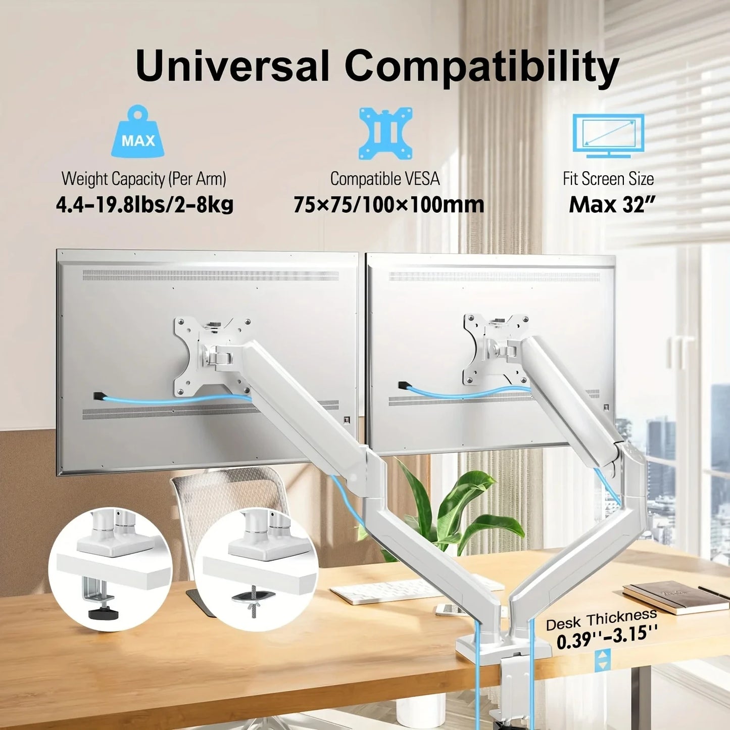 Full Motion Monitor Stand for 13-32 inches Screens, Dual Monitor Mount Gas Spring, Clamp/Grommet Base VESA 75x75/100x100mm