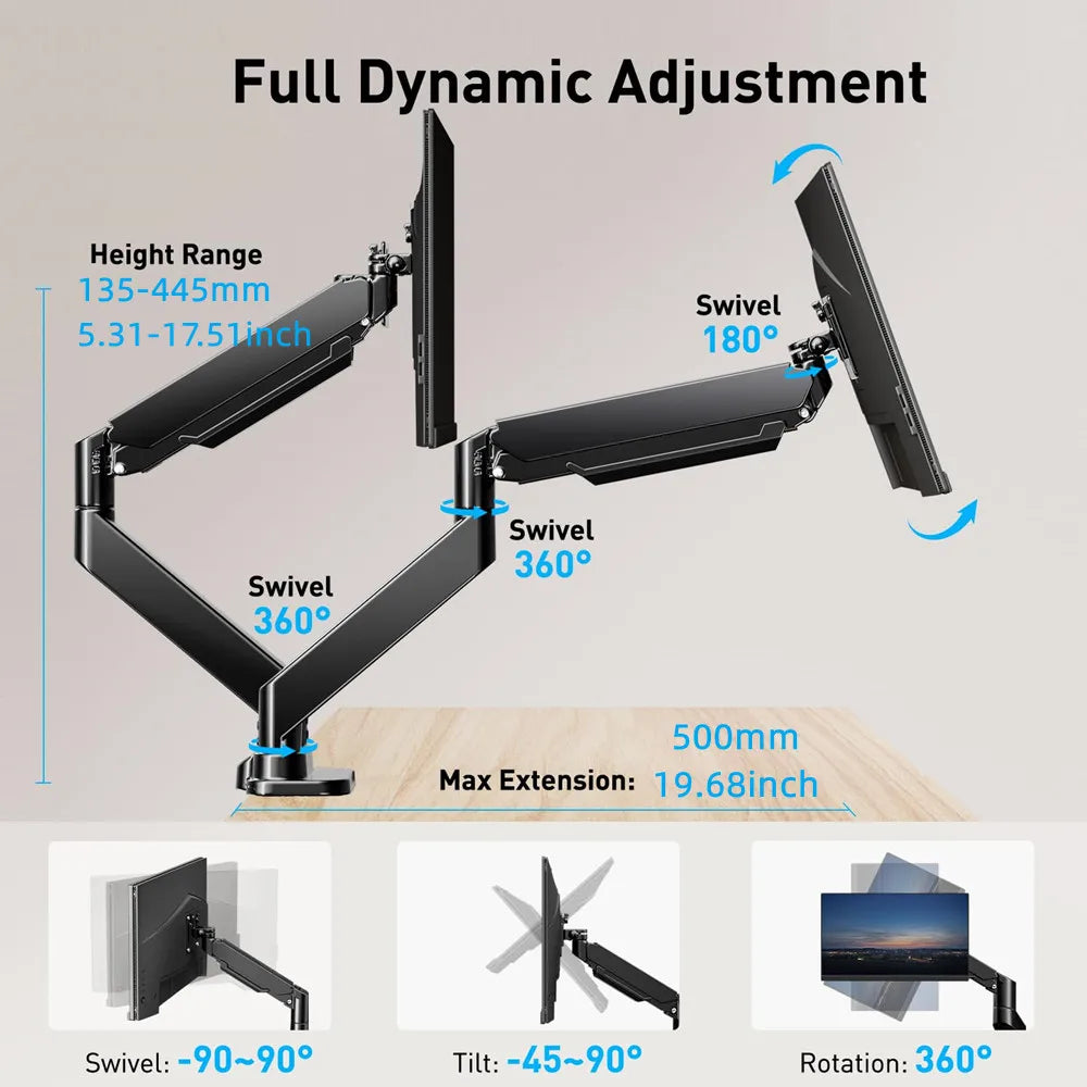 Full Motion Monitor Stand for 13-32 inches Screens, Dual Monitor Mount Gas Spring, Clamp/Grommet Base VESA 75x75/100x100mm