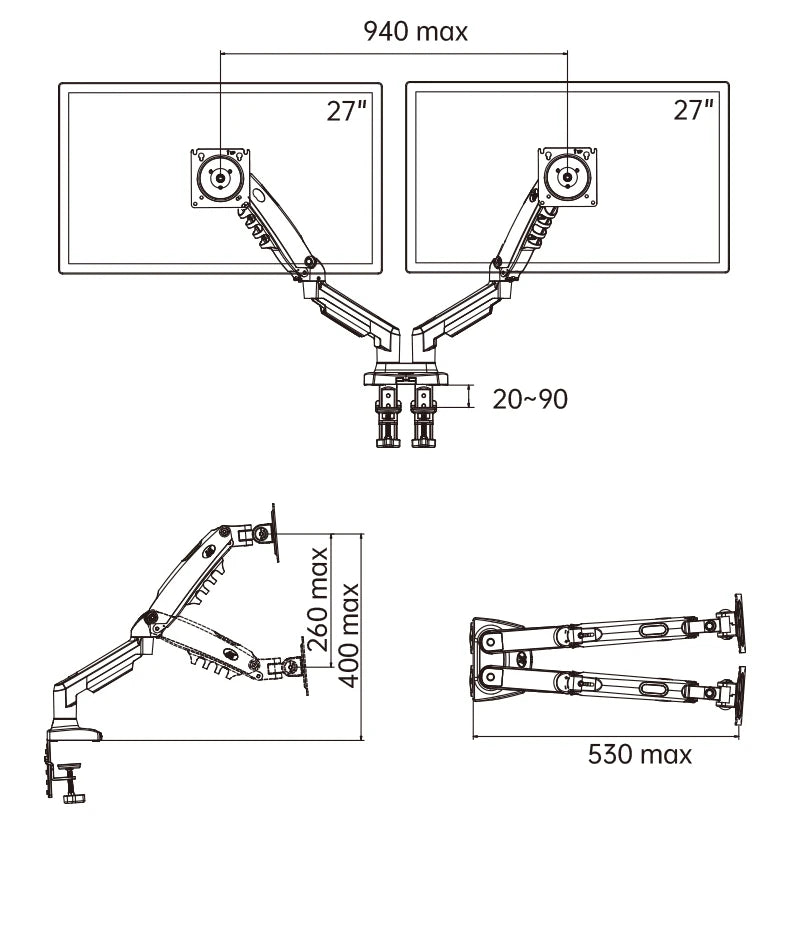 NB F160  support USB3.0 27" 2-9KG double monitor stand for no hole air press gas strut tv mount dual sreen 360 rotate desktop